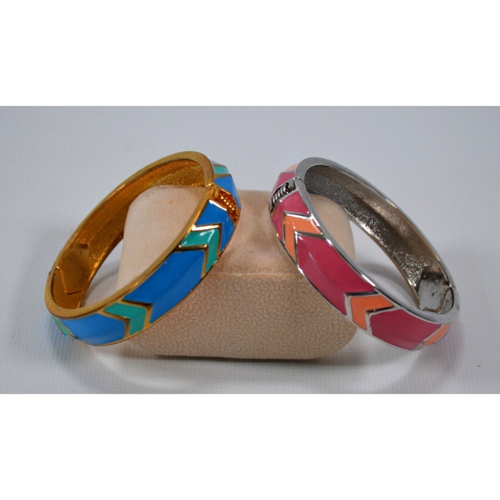 Lot of 2 Bangle Hinged Bracelets Enamel Coating Gold Tone Blue & Silver Tone‎